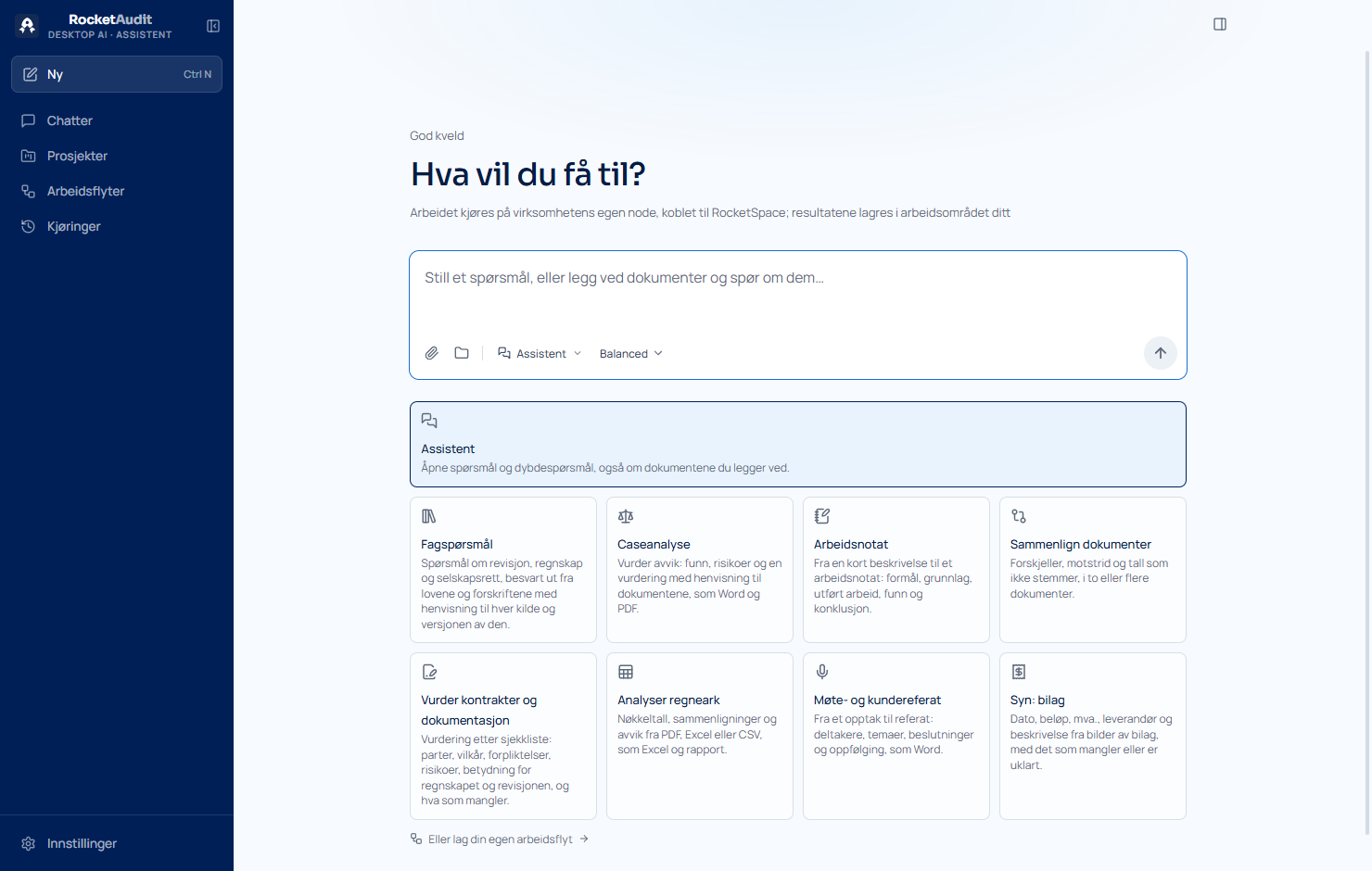 RocketAudit Desktop AI – Assistent, startskjerm med testdata